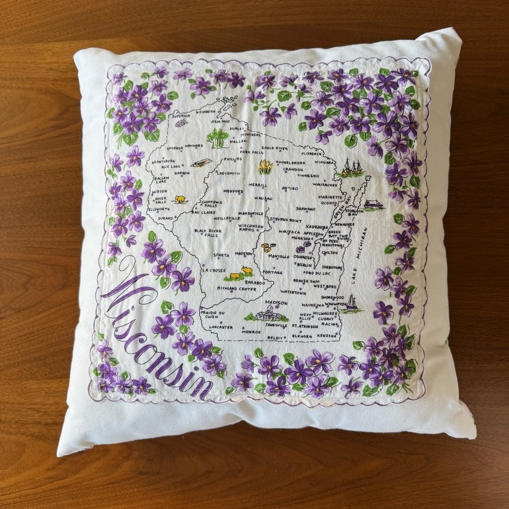 Vintage Wisconsin Handkerchief Pillow Violets Shabby Chic Retro Country Decor